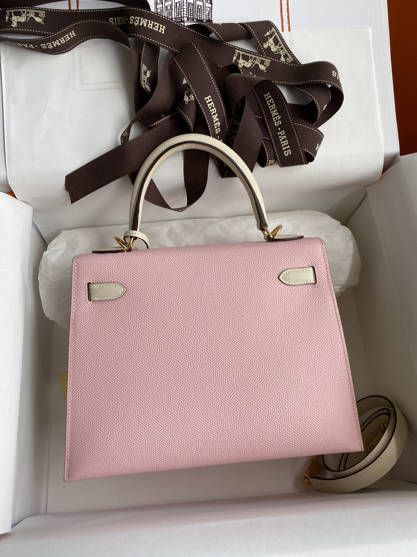 Hermes Kelly 25cm Handbag Shoulder Bag in Pink White Epsom Leather